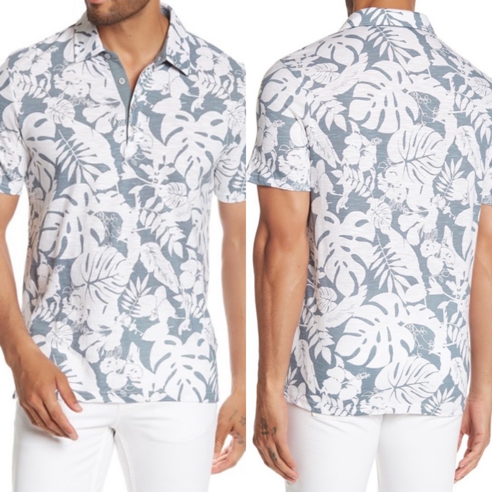 MICHAEL BASTIAN Tropical Print Slub Knit Polo Medium